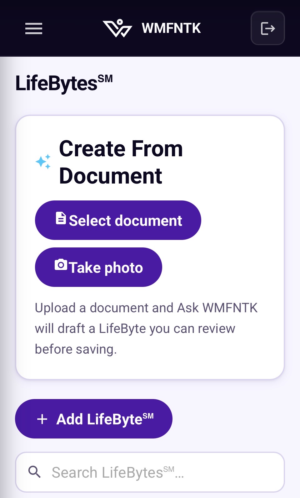 LifeBytes screen offering optional document upload or camera capture for an AI-assisted draft