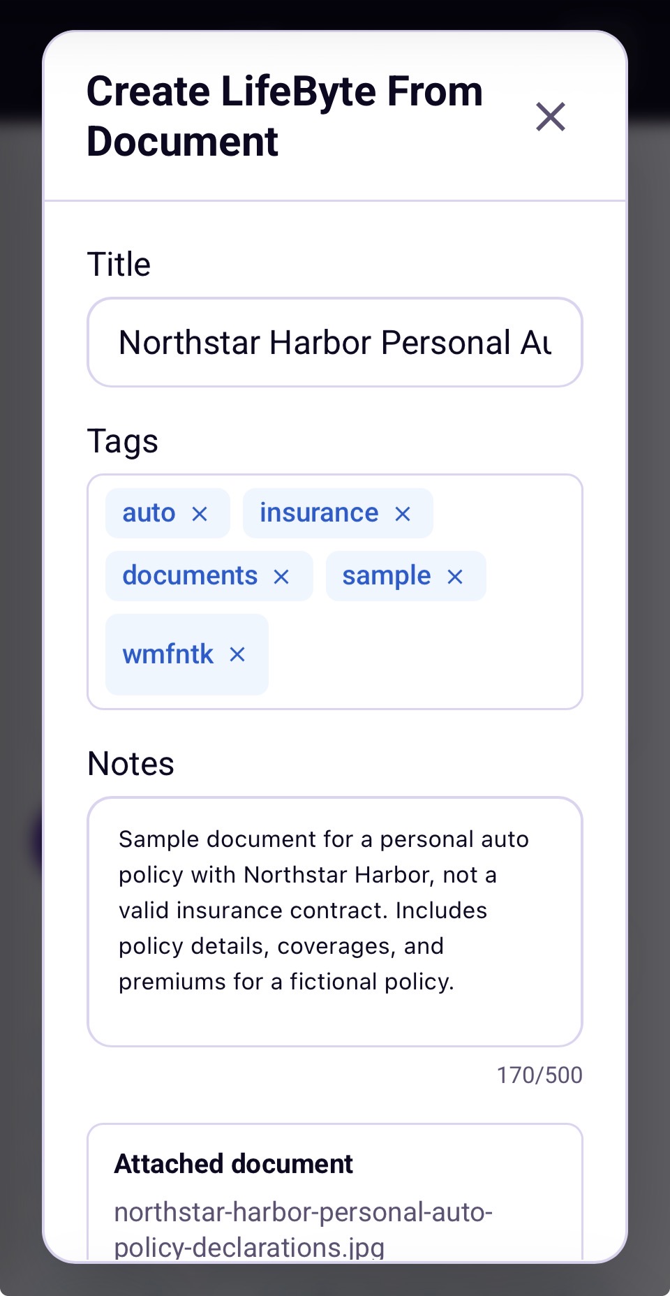 LifeByte draft with an AI-suggested title, tags, notes, and attached document ready for review