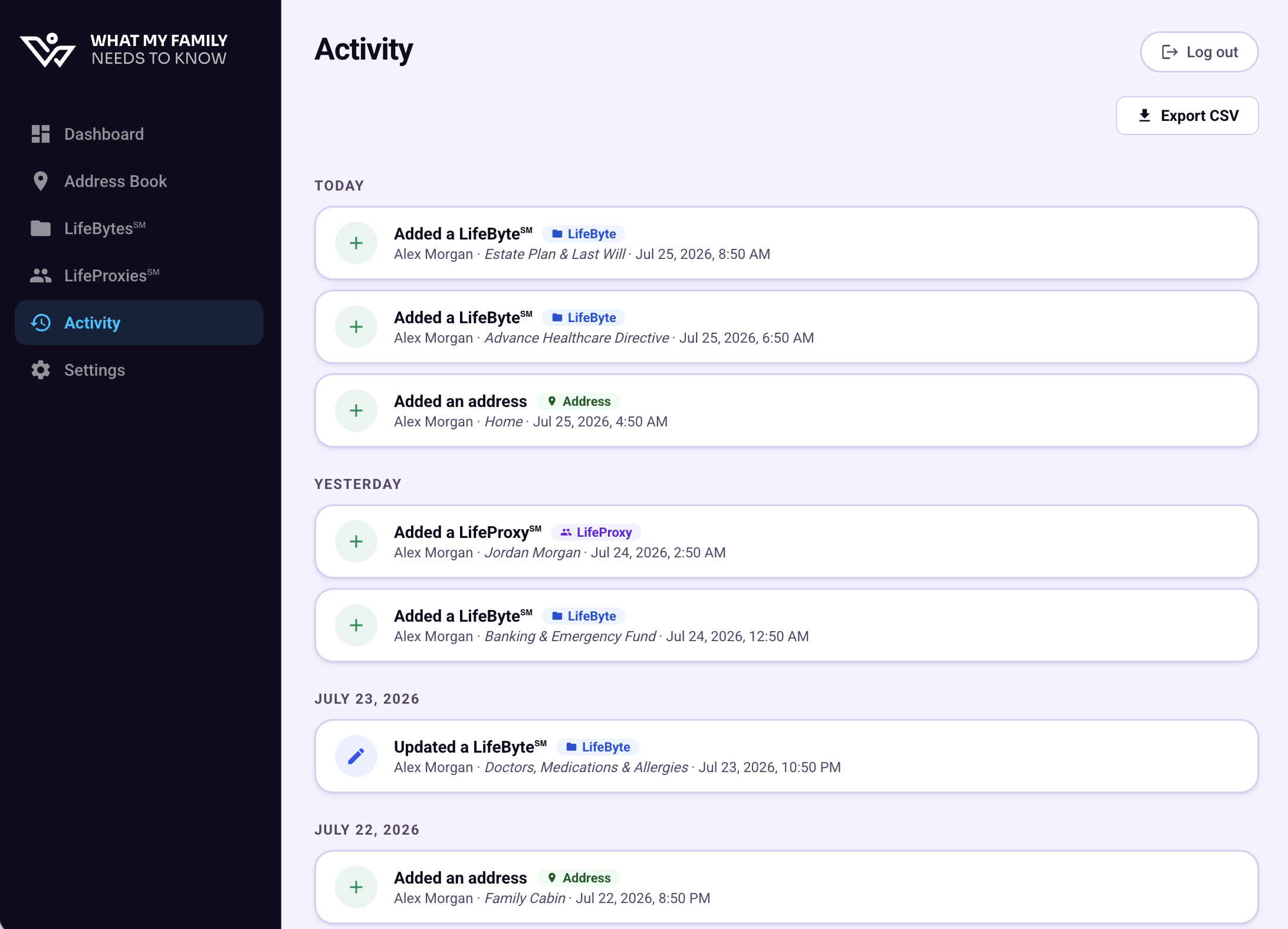 Activity screen showing a dated history of changes to family information