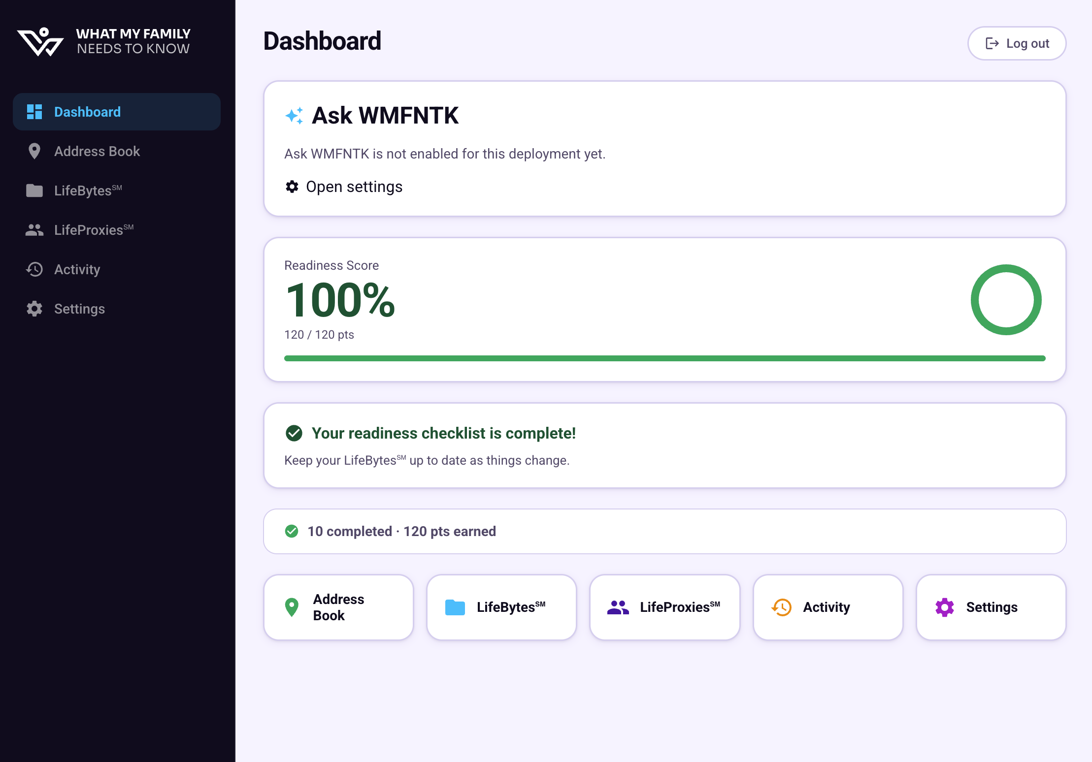 WMFNTK dashboard showing a complete readiness score and quick access to family information