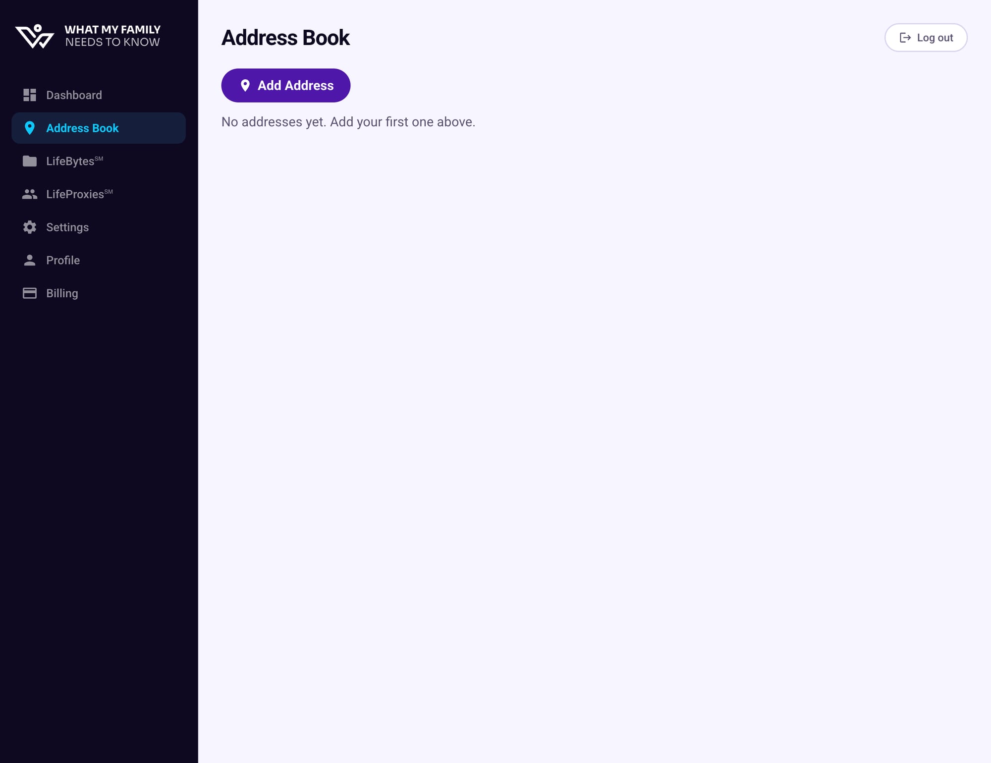 Address Book page with no addresses and the Add Address button