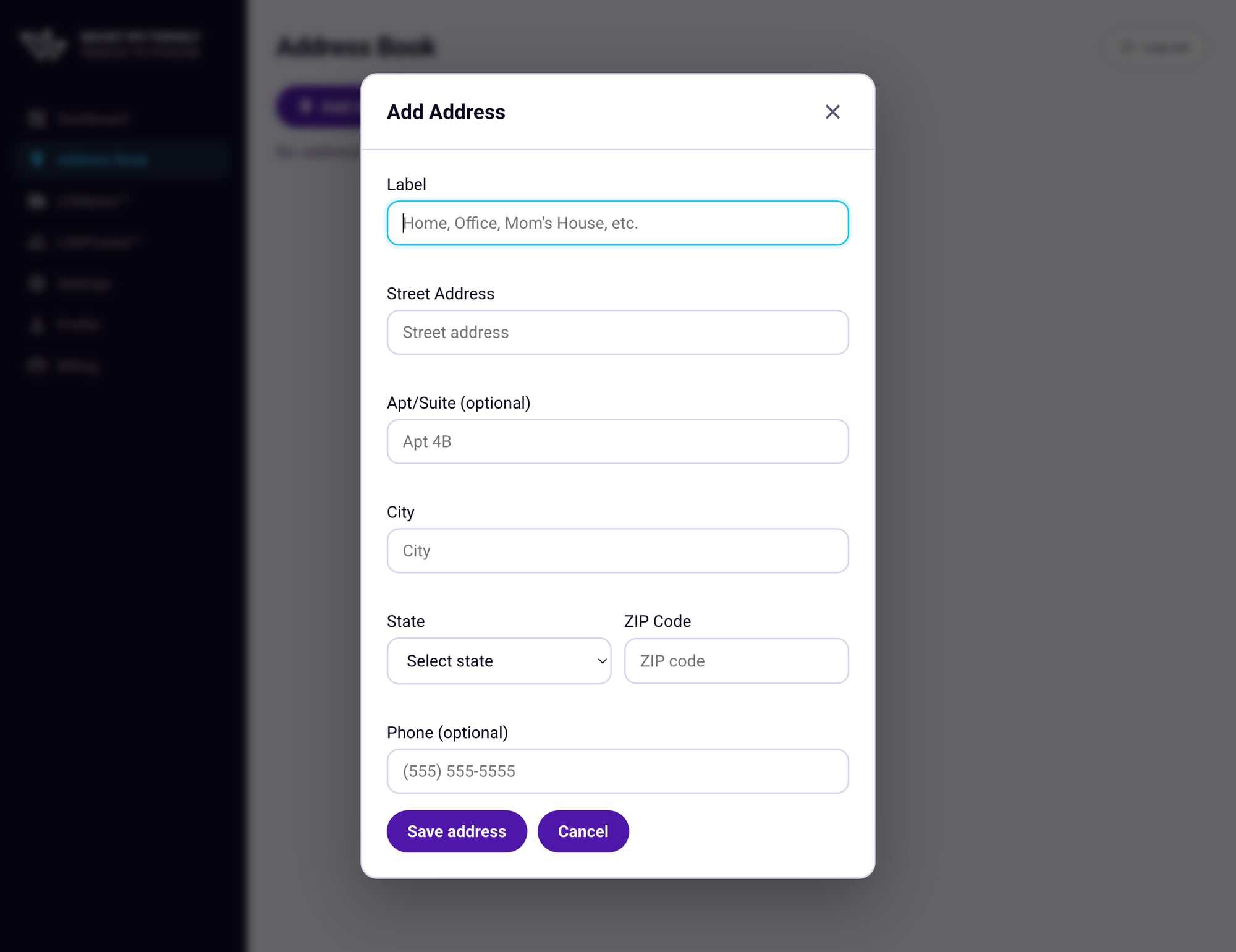 The Add Address form with empty fields