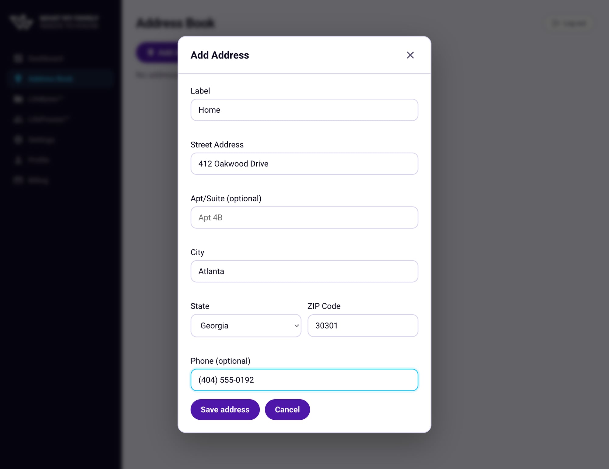 The Add Address form filled in with a Home address example