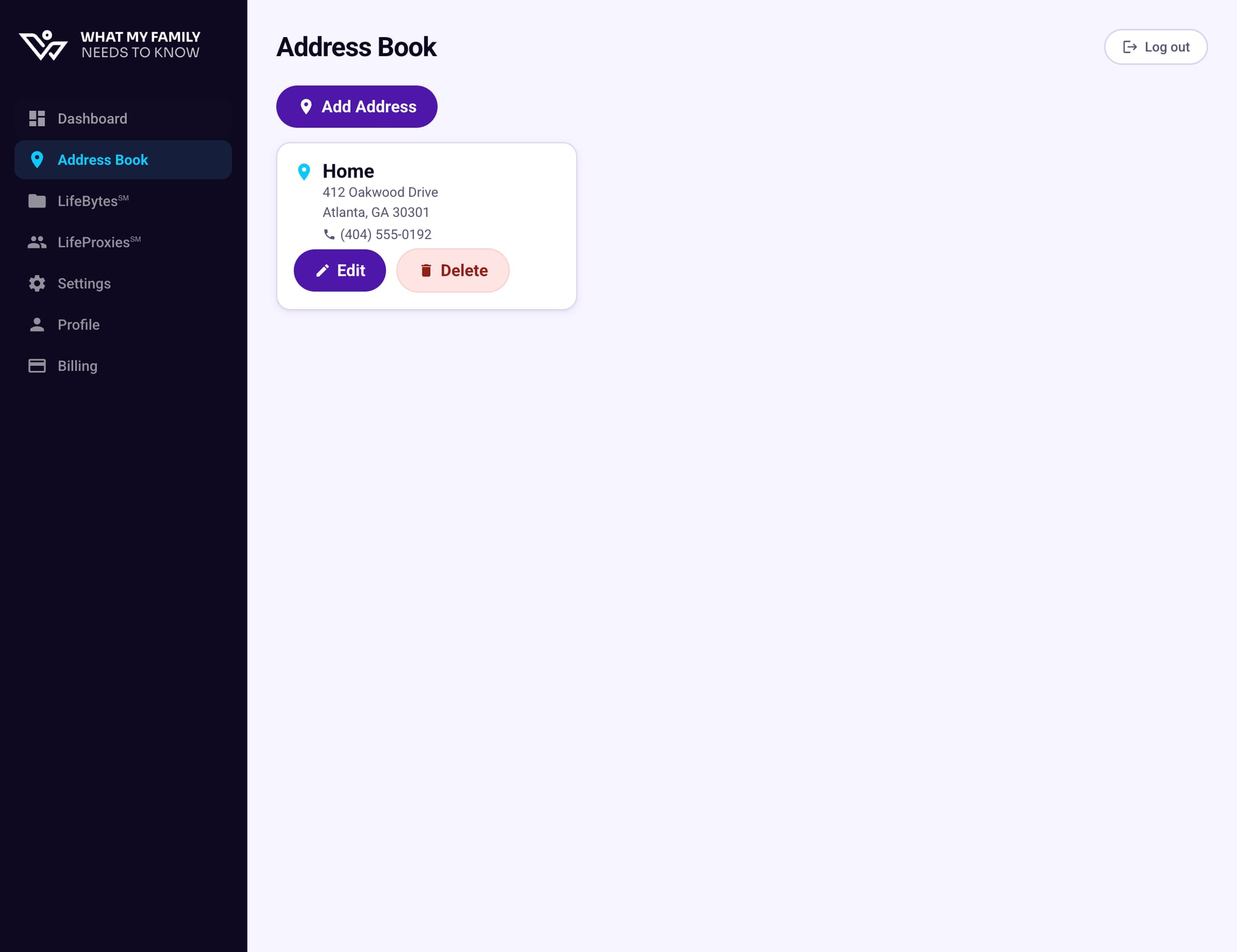 Address Book showing the newly saved Home address card