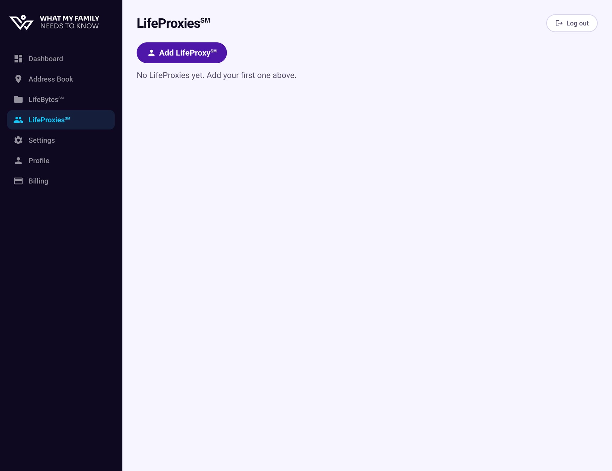 LifeProxies page with no proxies yet and the Add LifeProxy button
