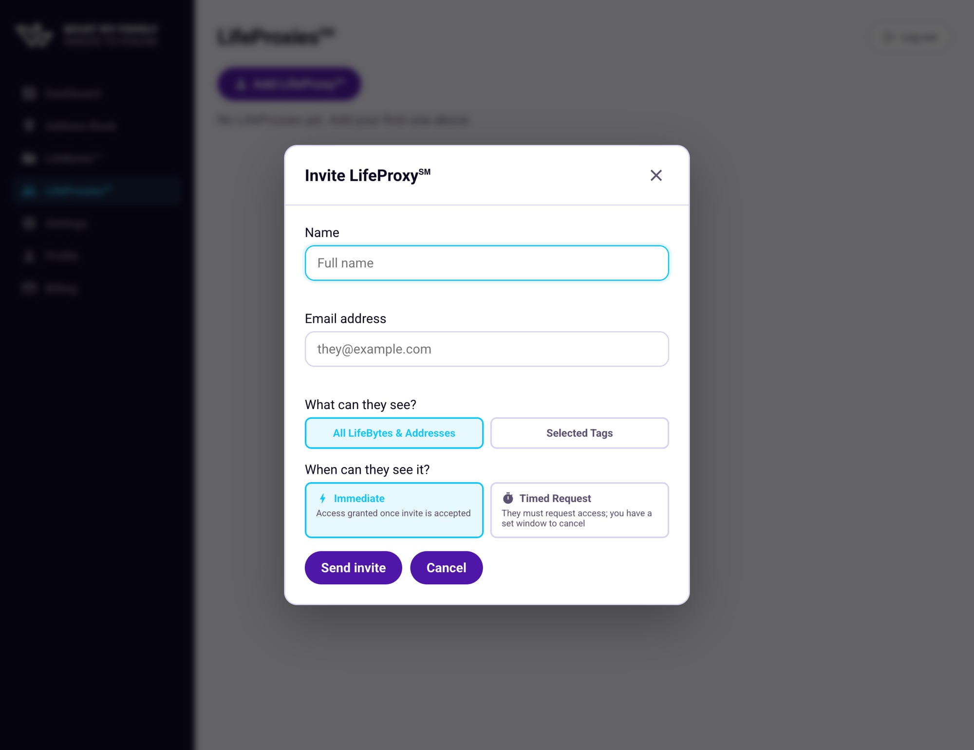 The Invite LifeProxy form with empty fields