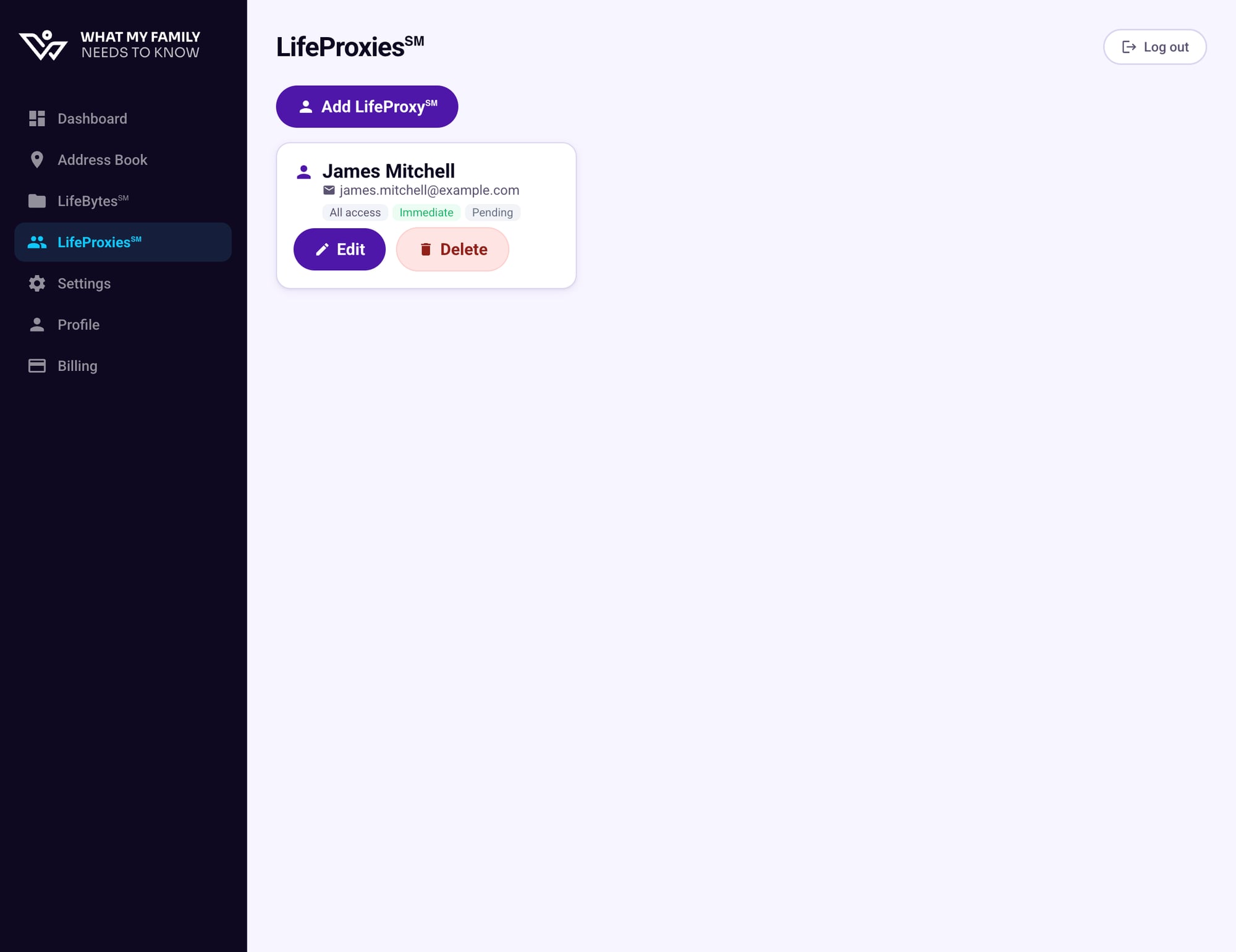 LifeProxies list showing James Mitchell with Pending status