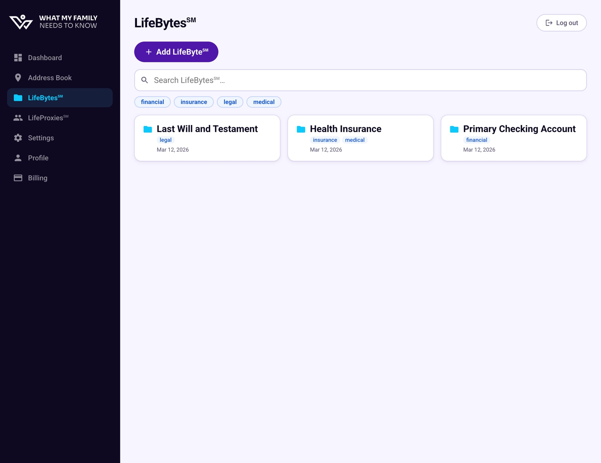 LifeBytes list page showing the Add LifeByte button and existing entries