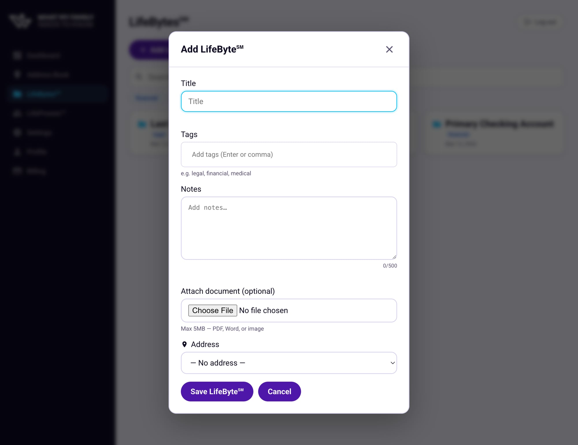 The Add LifeByte form with empty fields
