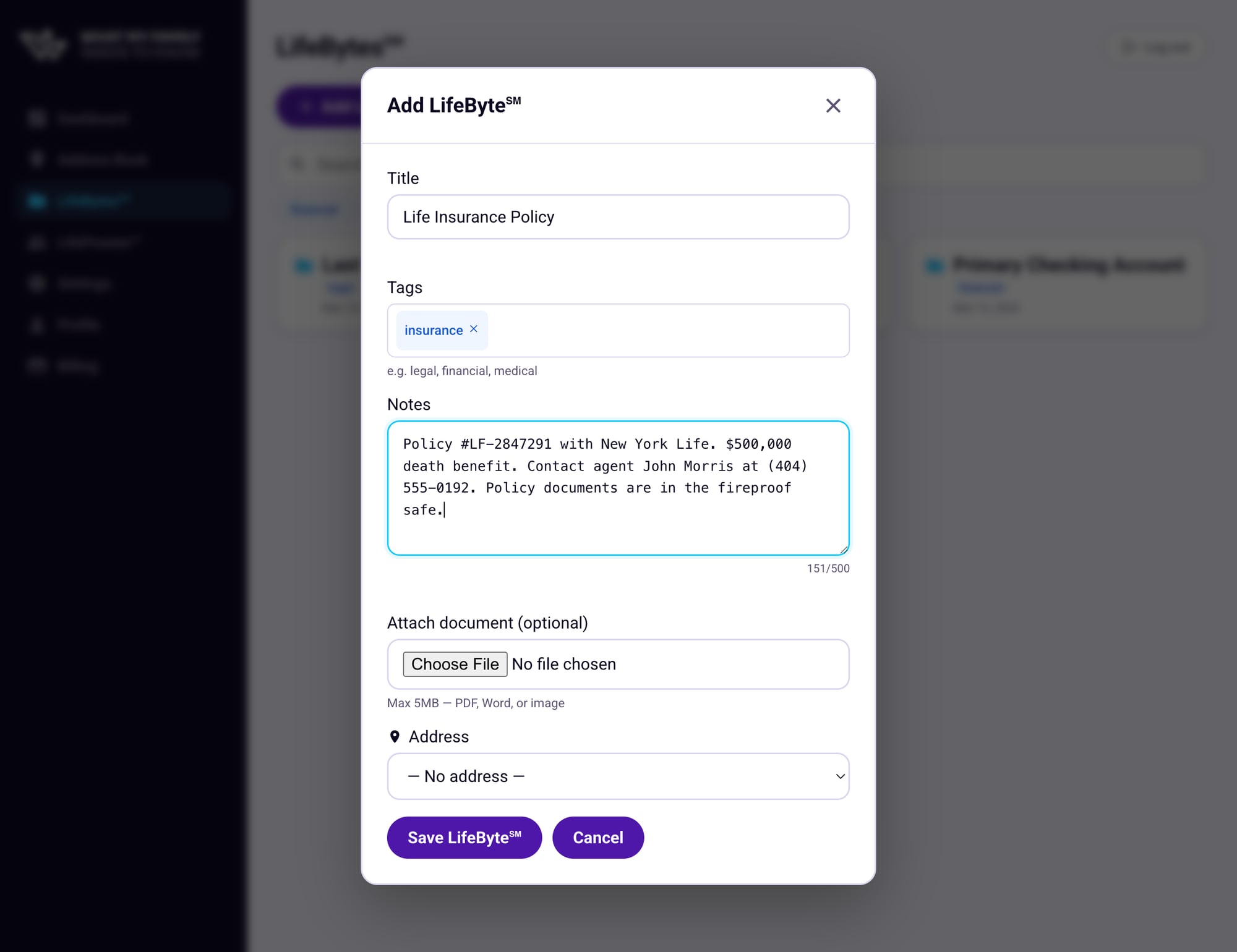 The Add LifeByte form filled in with a Life Insurance Policy example