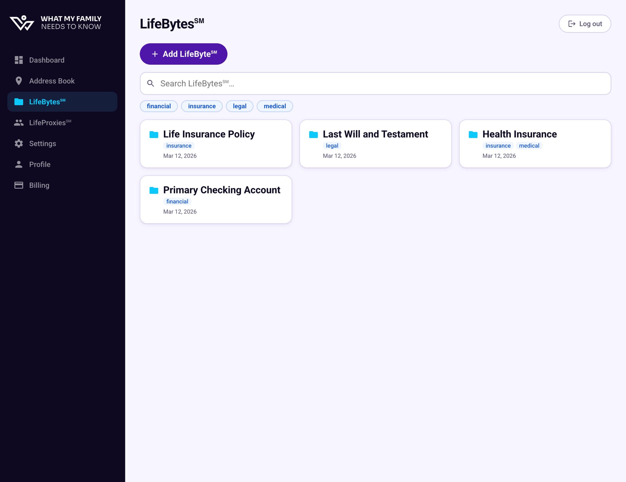 LifeBytes list showing the newly created Life Insurance Policy entry