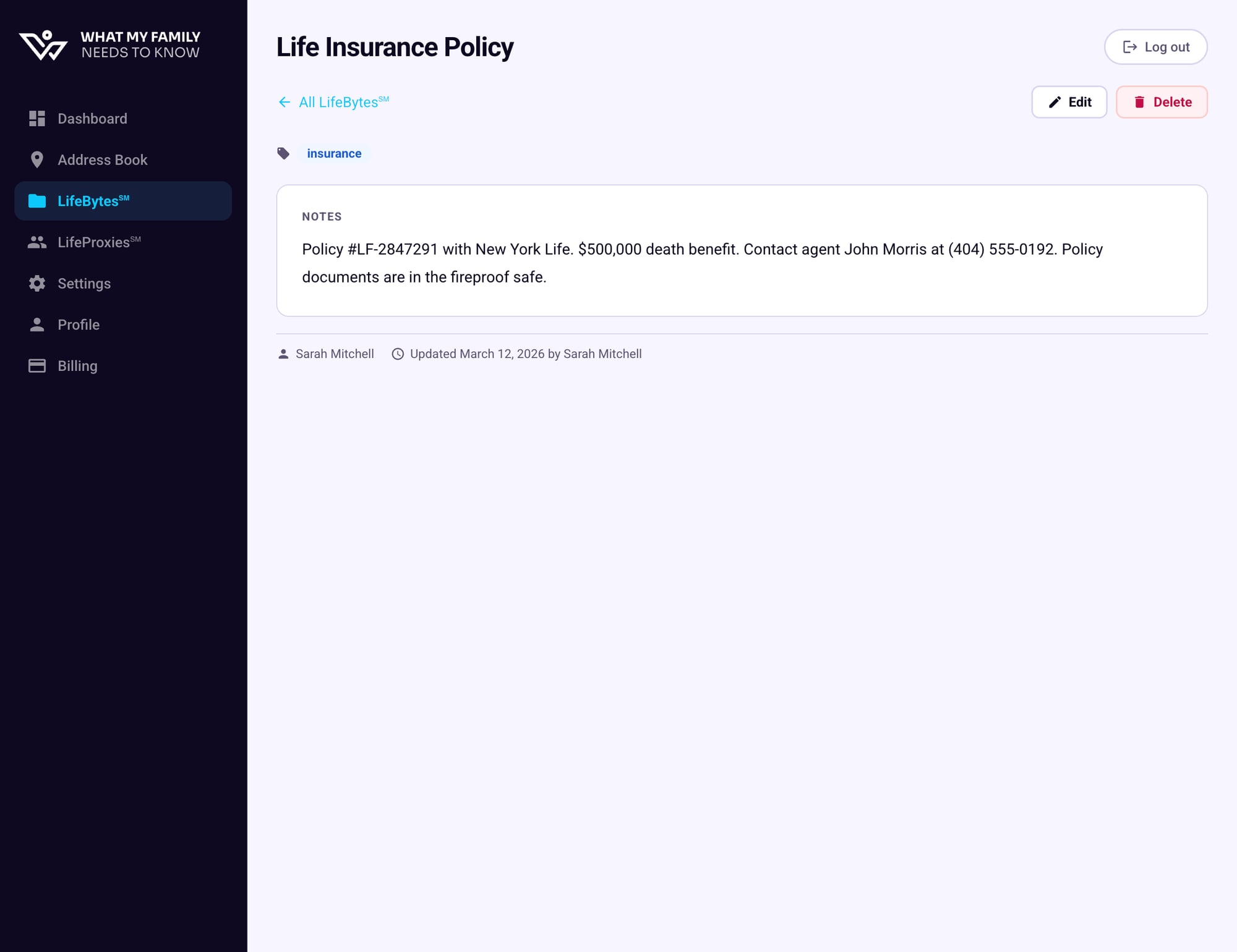 LifeByte detail page showing the Life Insurance Policy notes and edit/delete options